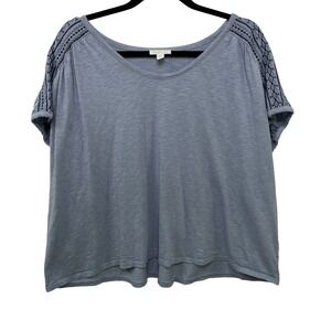 Pure Jill Elements Women 2X Blue Embroidered Short Sleeve Cotton Blend Top Boho‎